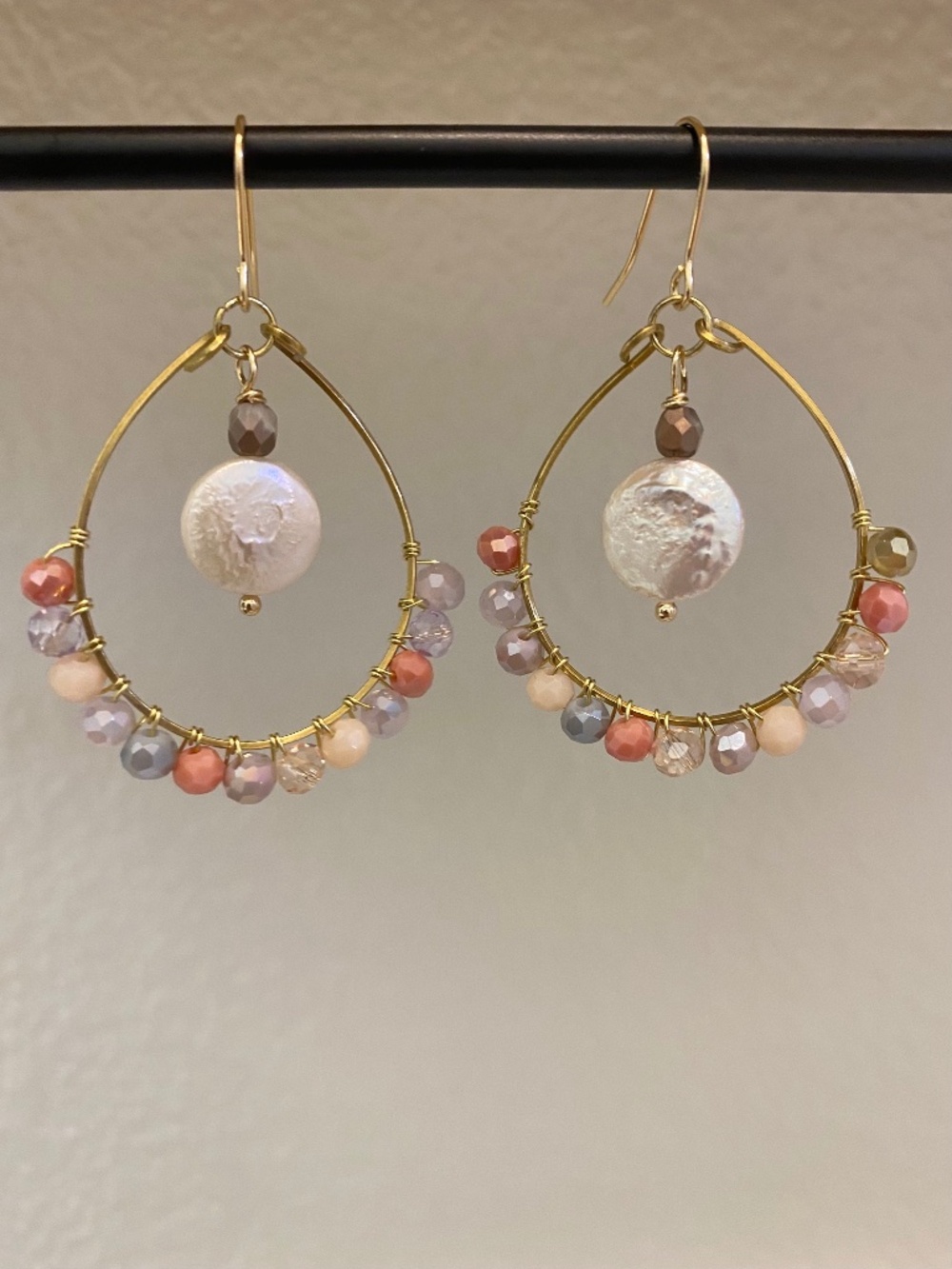 Handmade Hoop Earrings with Coin Pearl & Multicolor Beads